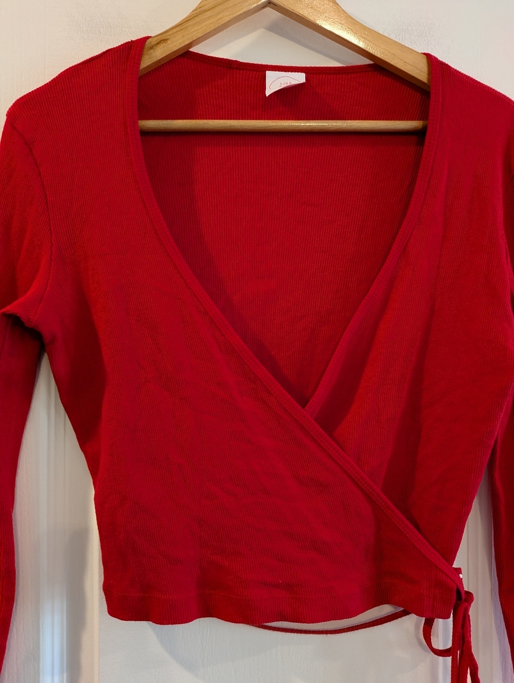 Lisa Says Gah Lucille Wrap Top Red Ribbed Long Sleeve Cropped Cotton Size M - Picture 5 of 15